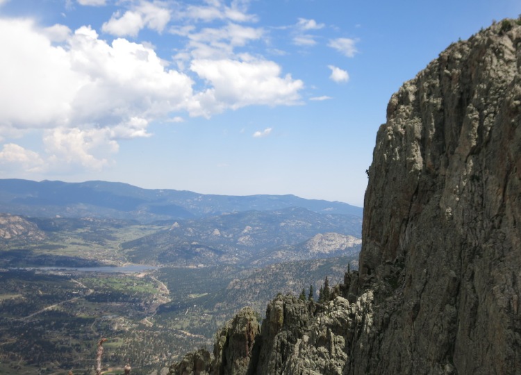 A party on the Upper Great Face, seen from atop the Lower Great Face at The Crags, Estes Park.